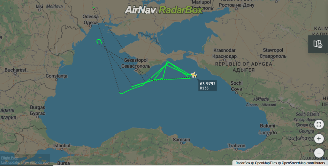 RC-123V „River Joint” elektronikus felderítő repülése közvetlenül a Krím és a Fekete-tengeri orosz partok mentén január 22-én. A gép útvonala az alábbi linken tekinthető meg #moszkvater