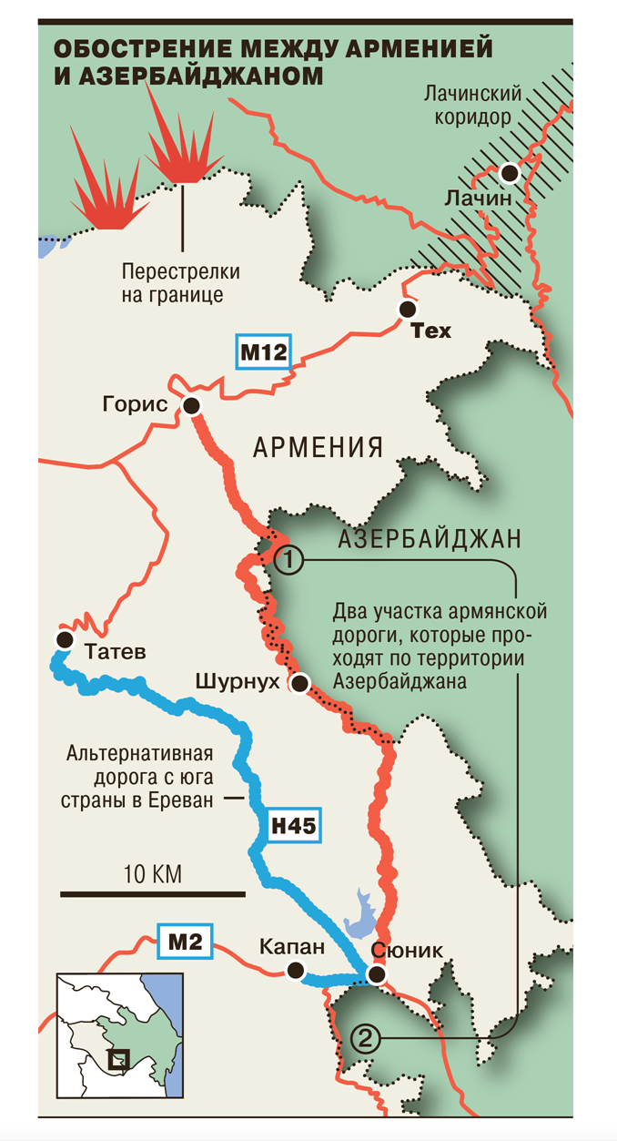 A Kommerszant által készített infografikán jól látszik melyik jelölt részeken halad a Gorisz-Kapan útvonal azeri területeken, kékkel pedig az alternatíva #moszkvater