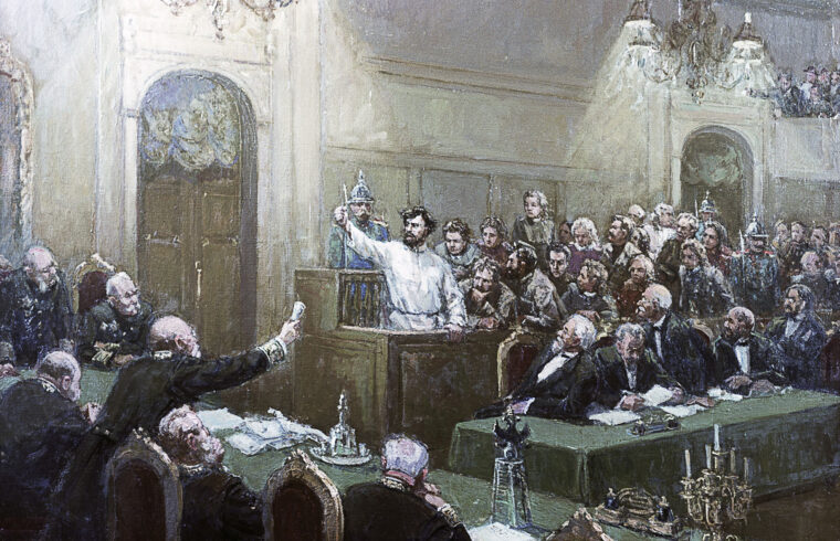 Pjotr Alekszejev beszéde az ötvenek tárgyalásán" (az orosz "narodnyiki" forradalmárok pere 1877-ben) képe Georgij Ivanovszkij festményén #moszkvater