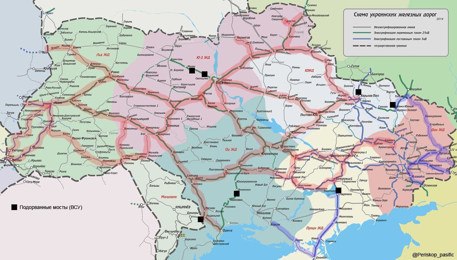 Ukrajna vasúti térképe, pirossal kiemelve a 2022 áprilisában működő vonalakat. A fekete négyzetek a felrobbantott hidakat jelzik #moszkvater